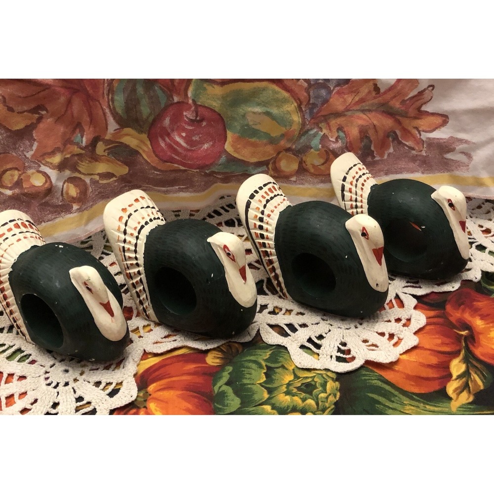Vtg Hand painted Wooden Turkey Birds Napkin Ring Holders Set of 4 Thanksgiving
